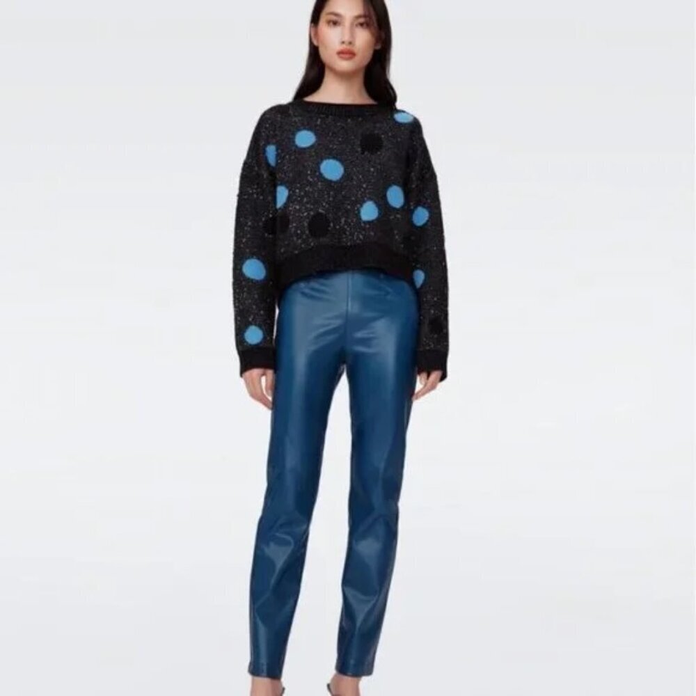 Nwt Diane Von Furstenberg Chanda Pants 6 Faux Leather Ocean Blue